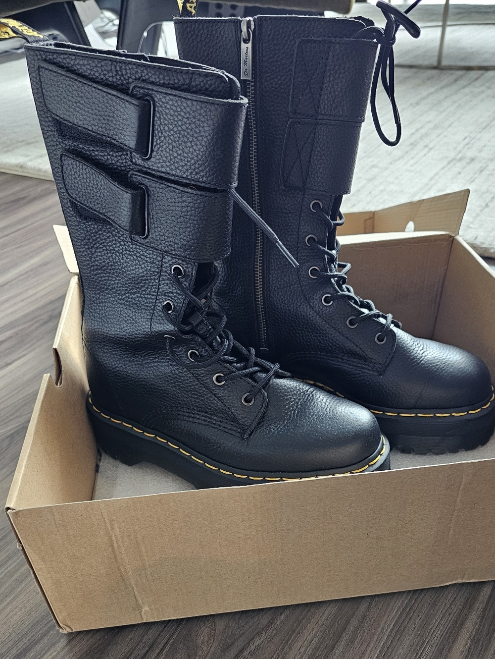 Dr. Martens Jagger Black Leather Lace-Up Combat Boots with Yellow Stitching US8